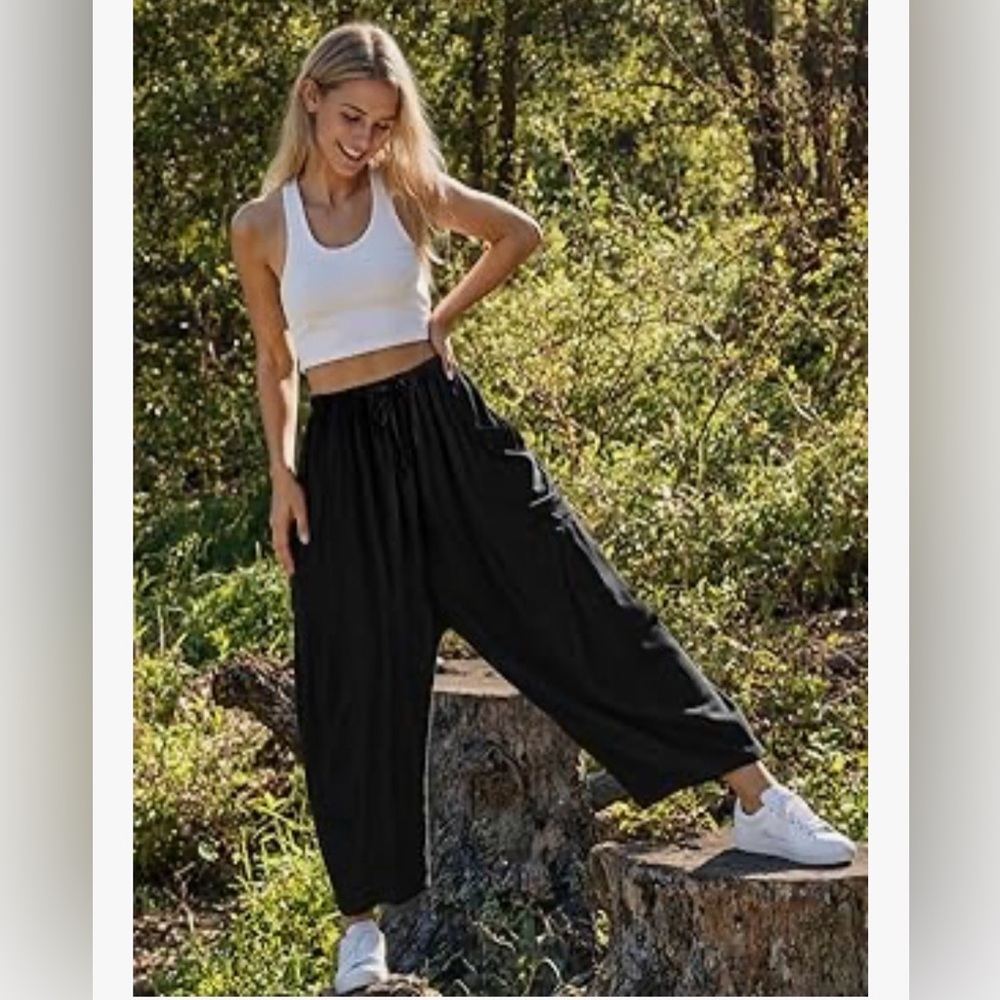 Tarse Linen Blend Wide Leg Drawstring Cropped Boho Harem Pants - Medum, Black